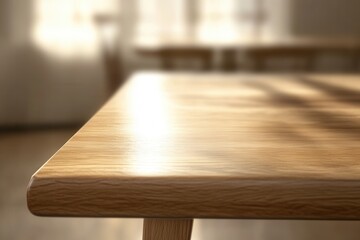 Fototapeta premium Close-up of a wooden table edge in a softly lit room.