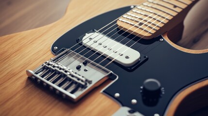 fender telecaster guitar with white f meticulous control plate and black space age style pick up, wood color finish body, top view, closeup shot,
