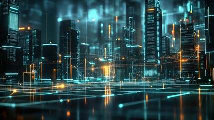 A futuristic cityscape illuminated by neon lights, featuring towering skyscrapers and a digital grid on the ground, evoking a high-tech atmosphere.