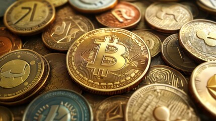 A highly detailed 3D rendering of a Bitcoin coin surrounded by digital currency symbols.