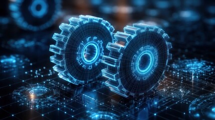 Futuristic Cybernetic Gears with Glowing Blue Accents and Transparent Details in Mechanical Engineering