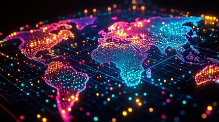 A vibrant digital world map illuminated with colorful dots, representing global connectivity and data visualization.