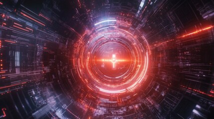 Obraz premium Abstract Digital Tunnel Glowing Red Circuitry