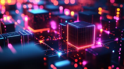 Obraz premium A vibrant, futuristic close-up of a digital circuit board featuring glowing circuitry in shades of blue, pink, and purple.