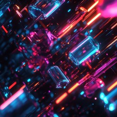 Fototapeta premium Abstract Vibrant Neon Lights in Dark Space with 3D Glass Forms