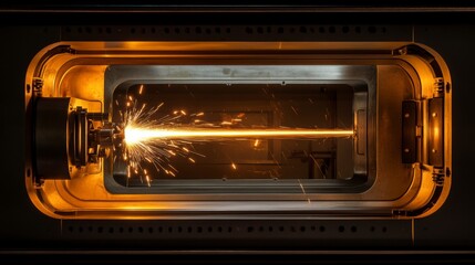 Obraz premium High-tech industrial machinery emitting sparks during precision laser cutting process inside a metal chamber, showcasing advanced manufacturing technology.