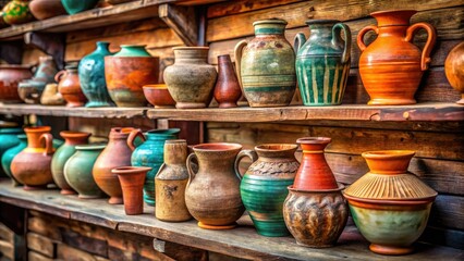 Showcase ancient pottery's artistry on a handcrafted wooden shelf, a museum-worthy archaeological display.