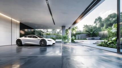 Modern White Sports Car in Sleek Indoor Garage with Garden View