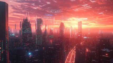 Fototapeta premium Holographic smart city skyline at sunset, intricate hologram interfaces floating above the city, neon lights, virtual pathways, cybernetic architecture, futuristic urban technology