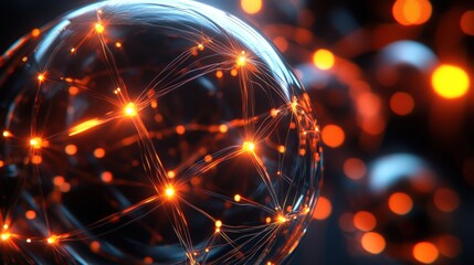 A glowing, abstract representation of interconnected spheres, showcasing radiant lines and particles against a dark backdrop.