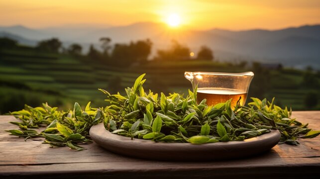 Green tea leaves on a wooden table with a breathtaking sunrise over green fields