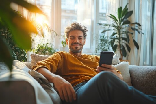 Happy mature man using smartphone on couch smiling at camera in relaxed home setting
