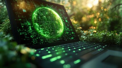 Green Globe on Laptop Keyboard Futuristic Digital Landscape Cyberpunk Green Business Concept Sustainability Technology