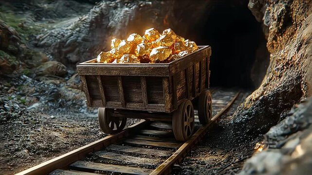 Mining cart filled with gold ore on track, representing the mining industry and precious metals extraction process