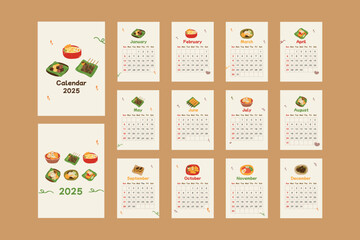 2025 Cute Indonesian food illustration calendar set. Vector hand-drawn doodle illustrations, traditional graphic elements and objects, frame, ornament for journaling, stickers, and scrapbooking.