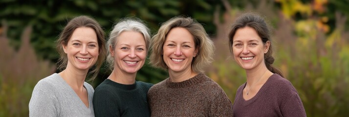 Obraz premium A joyful group of four friends smiles together outdoors, embodying friendship, connection, and natural beauty as they enjoy each other's company in a vibrant setting.
