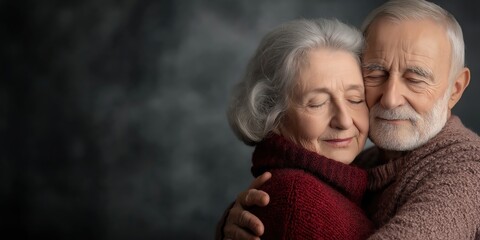 An elderly couple embraces each other warmly, showcasing enduring love, comfort, and the beauty of companionship as they share a heartfelt moment together.