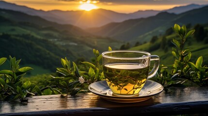 Green tea in a glass cup with a stunning sunrise over a nature reserve