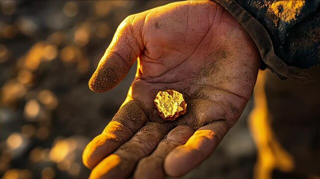 A miner holding a gold nugget freshly extracted from the earth, the raw beauty of the gold highlighted against a rugged backdrop