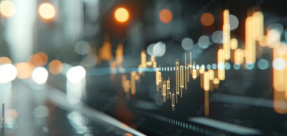 Aufkleber A visually dynamic scene highlighting financial data with glowing graphs against a blurred urban backdrop, suggesting activity and analysis.