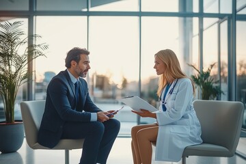 Pharmaceutical Sales Representative Presenting Medication to Doctor in Modern Clinic Setting