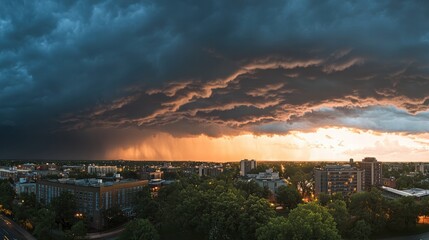 Dramatic Cloud Formation Over a Cityscape at Sunset