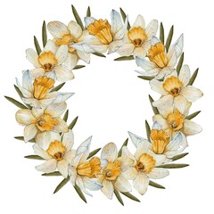 Round wreath, yellow daffodils frame On a white background. Ideal for, business cards, postcards, labels, invitation. Design for packaging, flower shops. Spring, Easter flowers