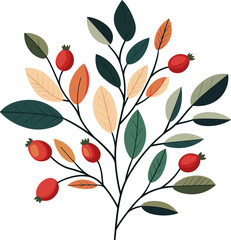 Colorful botanical illustration featuring a branch with red berries and green leaves cartoon isolated on transparent background. Vector illustration.