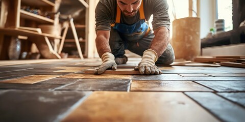 Tiler Laying Bathroom Floor Tiles with Craftsmanship and Precision