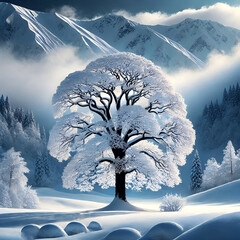 Beautiful landscape of a tree covered with snow and behind the mountain