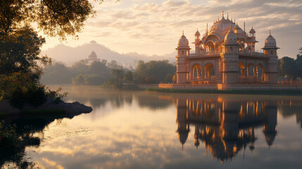Fototapeta premium serene lake reflects ornately decorated palace surrounded by lush greenery and distant hills under golden sunrise, creating tranquil and picturesque scene