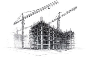 under construction site engineering with tower crane architecture civil 3D illustration line
