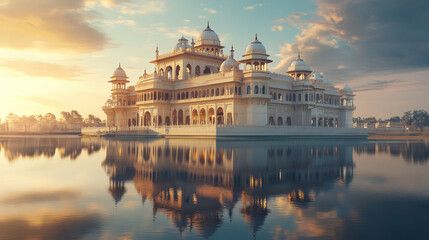 Fototapeta premium grand Indian palace stands tall, reflecting in calm waters during serene morning, surrounded by soft sunlight and tranquil atmosphere
