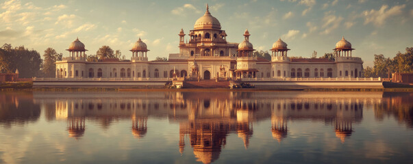 Obraz premium grand Indian palace with intricate domes, detailed walls, and serene reflection in calm water body, surrounded by lush greenery under vibrant sky