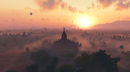 Obraz premium Sunrise over misty temples, hot air balloons.