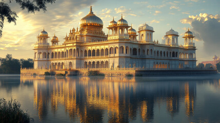 Fototapeta premium majestic palace with golden domes and intricate carvings reflects on serene lake, surrounded by lush greenery and bathed in warm sunlight, evoking sense of grandeur and tranquility