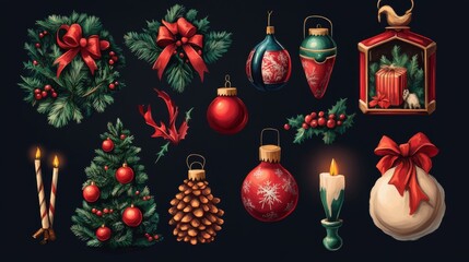 Festive collection of christmas decorations including ornaments, gift boxes, pinecones, and seasonal elements for holiday celebrations


