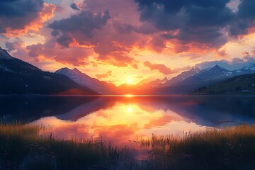 A serene sunset over a lake with mountains, reflecting vibrant colors in the water.