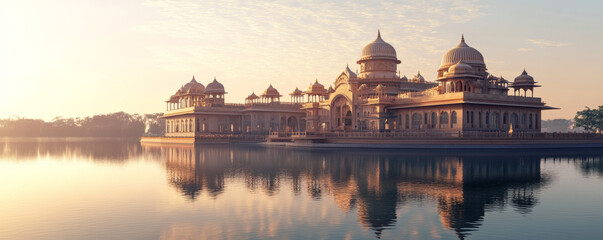Obraz premium majestic palace with intricate architecture reflects beautifully on serene lake during golden sunrise, surrounded by soft morning hues and tranquil scenery