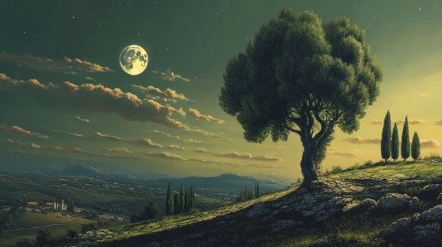 Serene moonlit landscape; large tree, rolling hills.