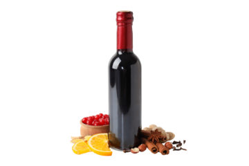 PNG, Mulled wine, bottle of wine with ingredients, isolated on white background