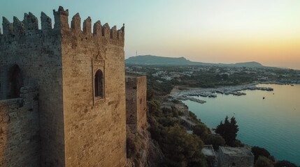 Ancient stone castle overlooking coastal town, sunset.