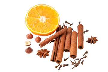 PNG, Mulled wine, spicy ingredients for drink, isolated on white background