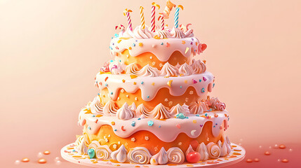 tiered birthday cake with whimsical designs and colorful decorations