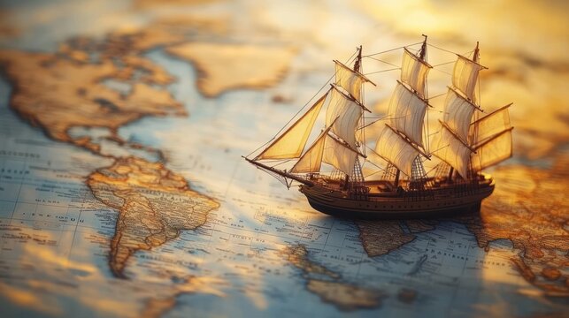 Exploration and Adventure with Vintage Ship Model on Detailed World Map