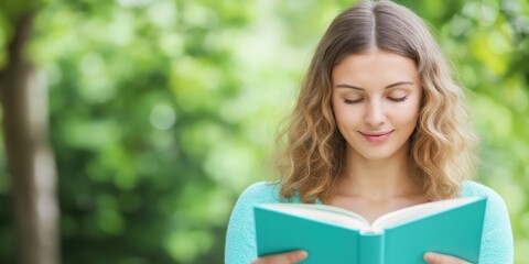 A young woman enjoys the tranquility of nature as she reads a book, depicting an ideal serene moment that encourages mindfulness and personal growth.