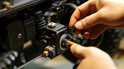 Close-up of Hand Repairing Mechanical Part with Tools in Workshop