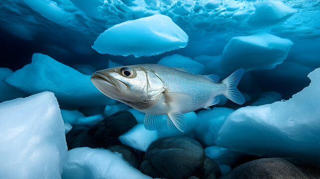Arctic cod swimming beneath ice floes in soft blue tones, surrounded by icy rocks