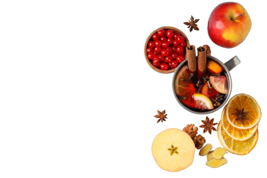 PNG, Mulled wine, drink in a glass with ingredients, isolated on white background