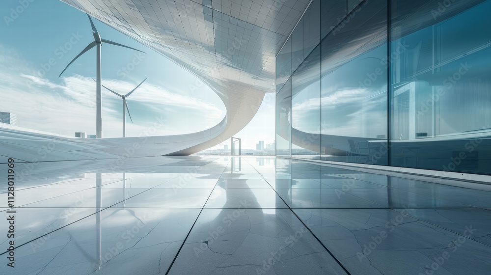Poster modern architecture with wind turbines and futuristic design elements